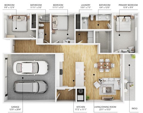 Floor plan for 3 beds, 2 baths, 1330 sqft